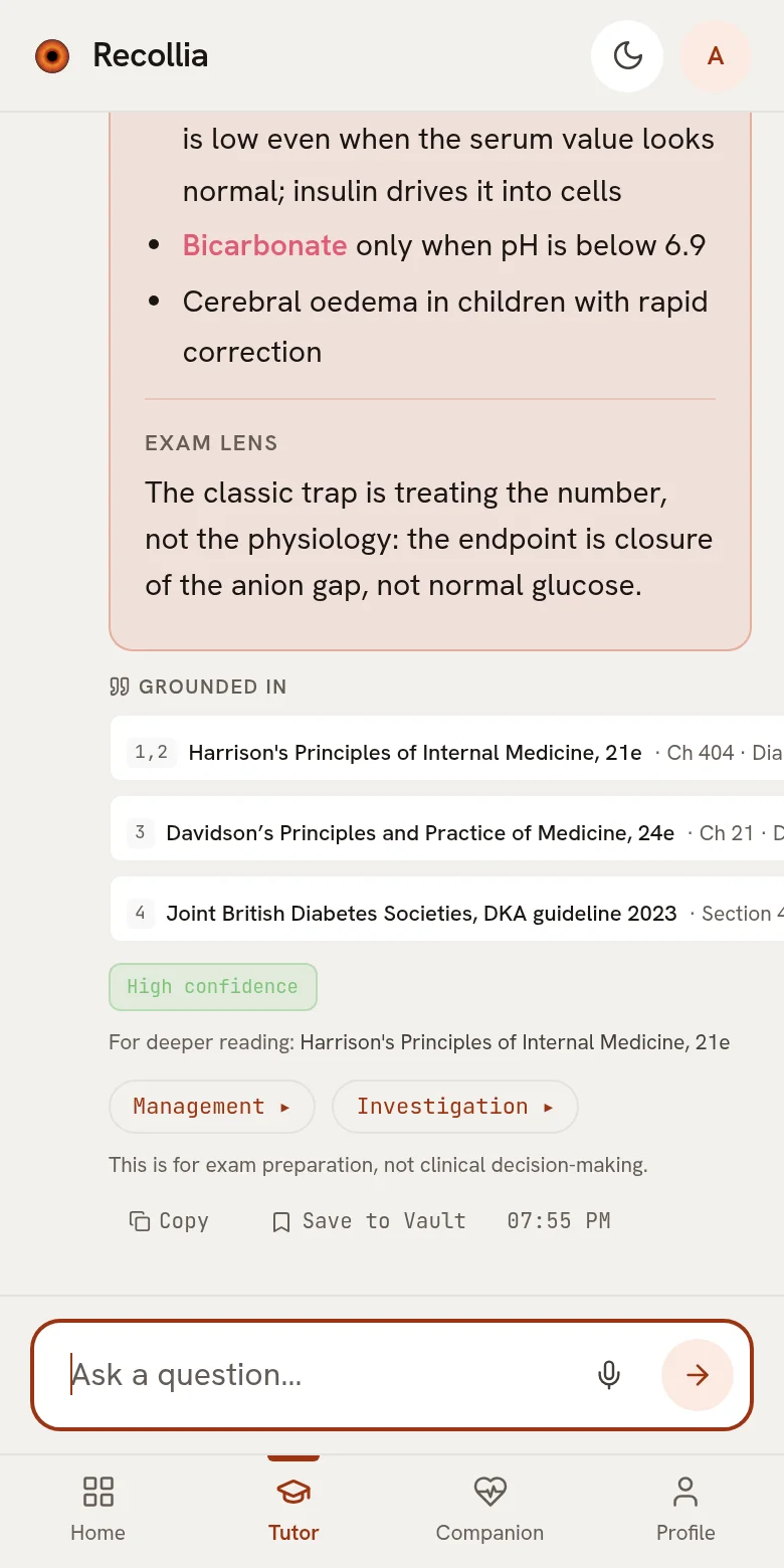 A Research answer on diabetic ketoacidosis on a phone, with the books and chapters it is grounded in